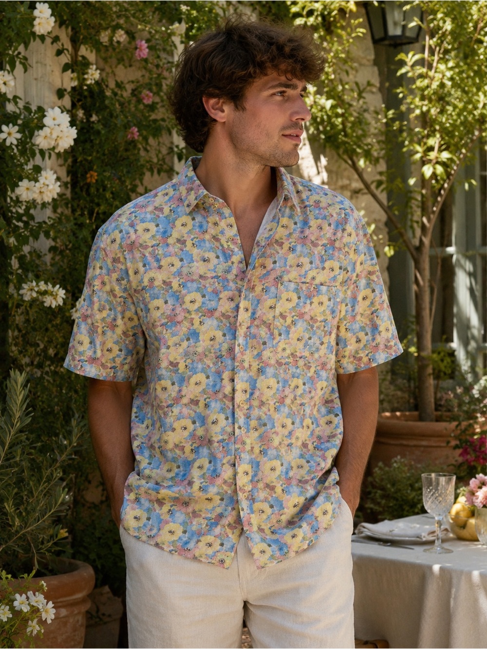 Pastel Floral Men XL Organic Cotton Shirt Button Up Pastel Cottagecore Preppy